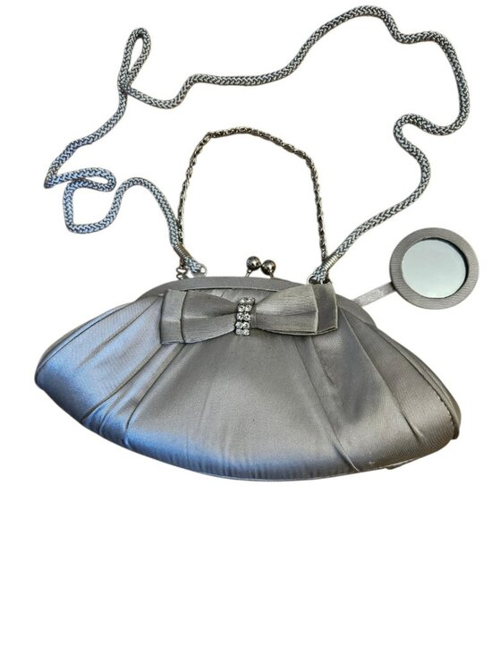 Apt. 9 Handbags - Silver Satin Evening Bag Rhinestone Bow Clutch Purse 9x5 Formal Wedding chain